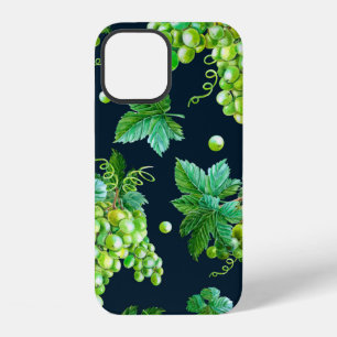 Funda Para iPhone 12 Uva verde acuarela, hojas sobre fondo oscuro.