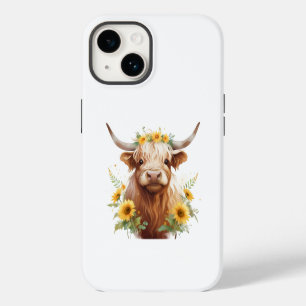 Funda Para iPhone 14 Vaca de las Tierras Altas con Corona de Flores de