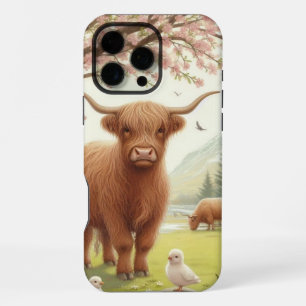 Funda Para iPhone 16 Pro Max Vaca de tierras altas, con flores y primavera