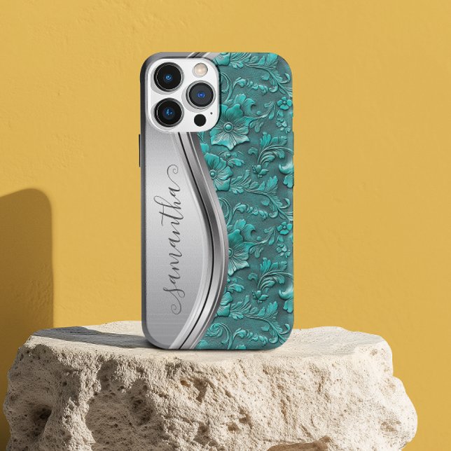 Funda Para iPhone Vaquera Turquesa Plateado Falso Cuero Repujado (Subido por el creador)