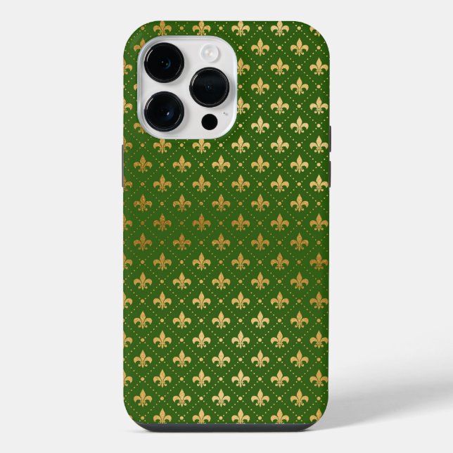 FUNDA PARA iPhone VERDE CON GOLD FLEUR DI LIS PATTERN (Reverso )