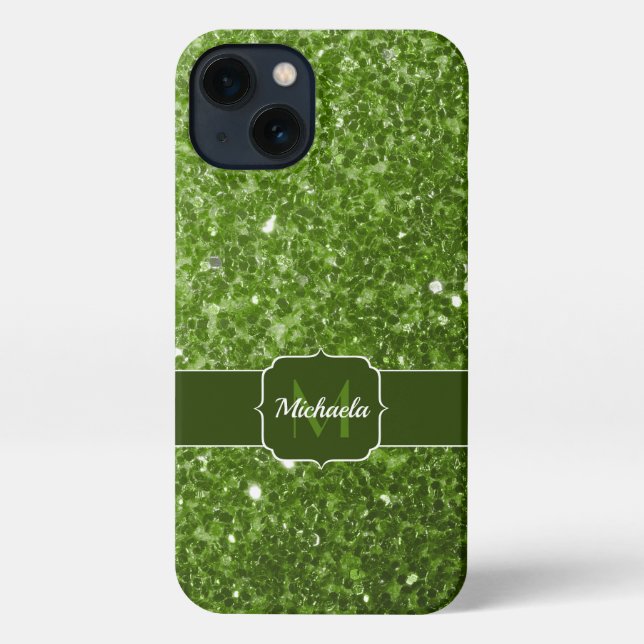 Funda Para iPhone Verdor verde claro chispa purpurina Monograma (Reverso )
