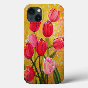 Vida con pintura rosada y roja de tulipanes