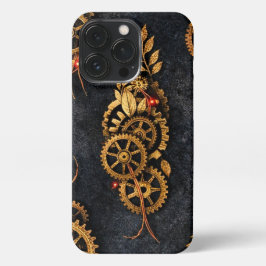 Funda Para iPhone 13 Pro Vintage Gold Gears & Red Neon Mythic Cyberpunk 