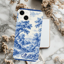 Funda Para iPhone 14 Vintage Landscape French Toile Blue Flora Monogram