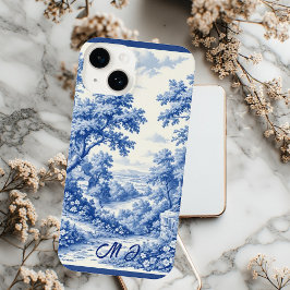 Funda Para iPhone 14 Vintage Landscape French Toile Blue Flora Monogram