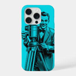 Vintage movie cameraman in blue