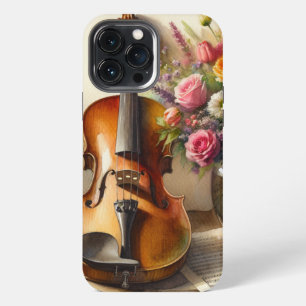 Funda Para iPhone 13 Pro Max Violin, Partitura y un Jarrón de Flores