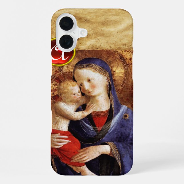 Funda Para iPhone VIRGEN CON NIÑO  Monograma de Rubí Rojo (Reverso )