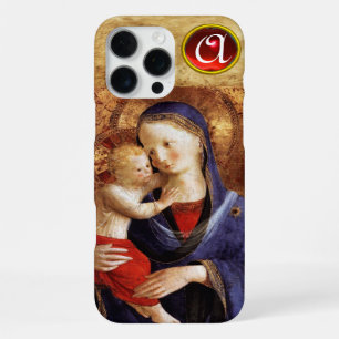 Funda Para iPhone 16 Pro Max VIRGEN CON NIÑO Monograma de Rubí Rojo