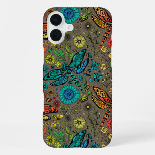 Funda Para iPhone 16 Plus Vuela, vuela libélula sobre marrón