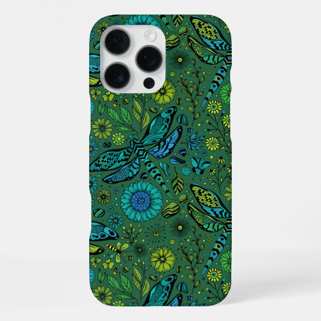 Funda Para iPhone Vuela, vuela libélula sobre verde esmeralda (Reverso )