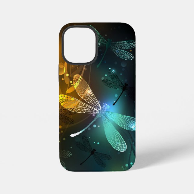 Funda Para iPhone Vuelo de libélula luminosa verde (Reverso )