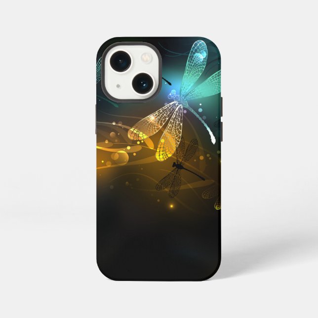 Funda Para iPhone Vuelo de libélula luminosa verde (Reverso )