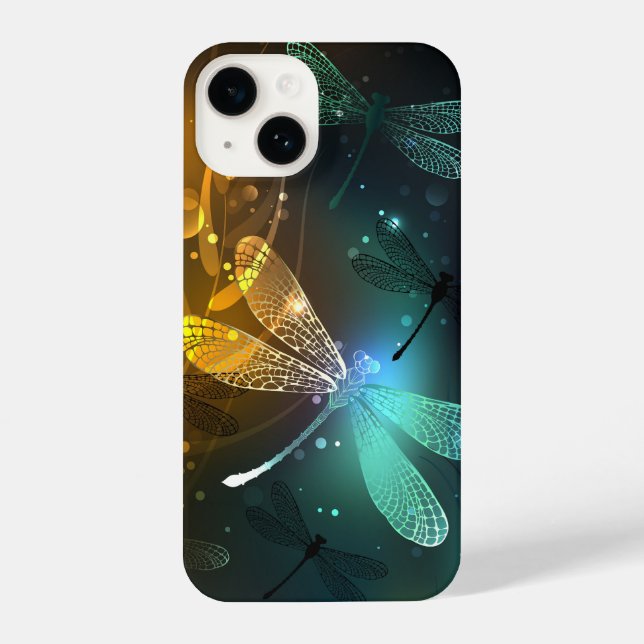 Funda Para iPhone Vuelo de libélula luminosa verde (Reverso )