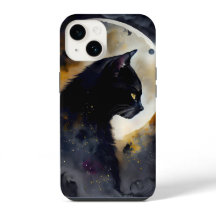 Watercolor Negro Cat Eclipse Moon Artwork