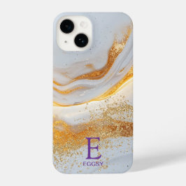 Funda Para iPhone 14 White marble chic gold glitter monogram
