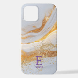 Funda Para iPhone 12 White marble chic gold glitter monogram