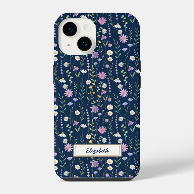 Funda Para iPhone Wild Flowers Pattern Blue navy Background (Reverso )