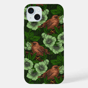 Wren y hellebore en verde oscuro