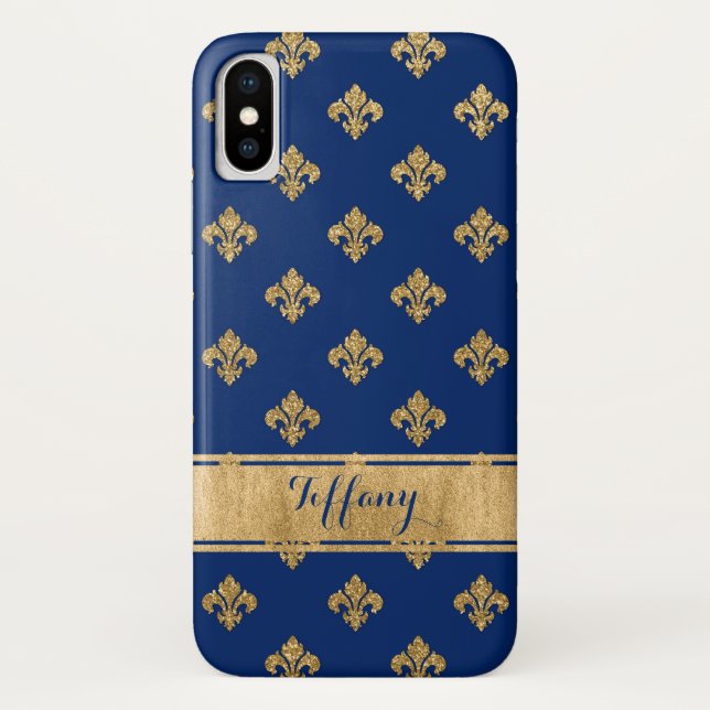 Funda para iPhone X de Blue, Gold Fleur-de-lis Fun (Reverso)