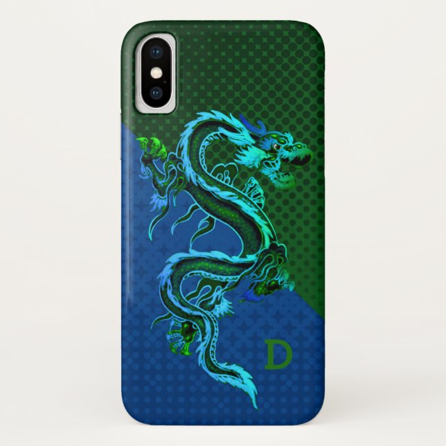 Funda para iPhone X de Dragon azul y verde (Reverso)
