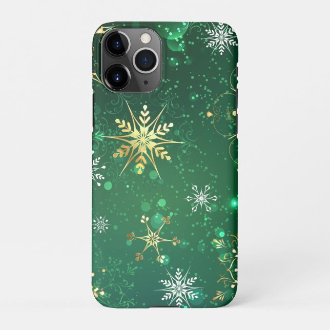 Funda Para iPhone Xmas copos de nieve dorados sobre fondo verde (Reverso)