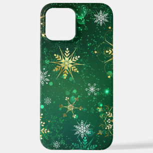 Funda Para iPhone 12 Pro Max Xmas copos de nieve dorados sobre fondo verde