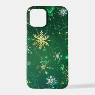 Funda Para iPhone 12 Pro Xmas copos de nieve dorados sobre fondo verde