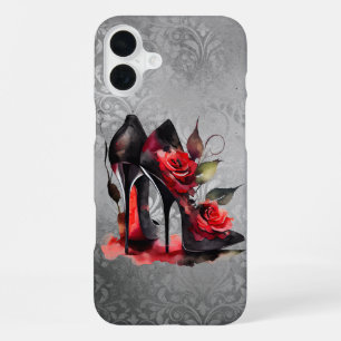Funda Para iPhone 16 Plus Zapatos de tacón alto rojos con rosas de moda góti