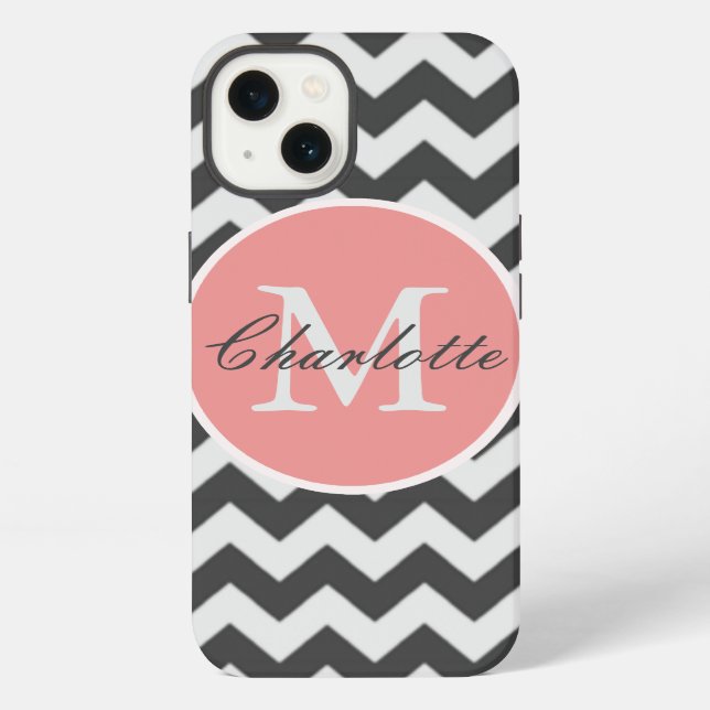 Funda Para iPhone ZigZag Chevron Chic Monograma Patrón Rosa Gris (Reverso )