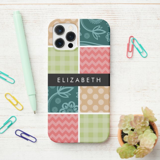 Funda Para iPhone Zigzag, Chevron, Gingham, Puntos Polka, Tu Nombre (En el escritorio)