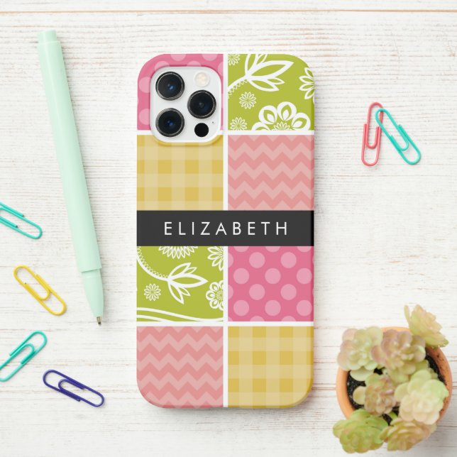 Funda Para iPhone Zigzag, Chevron, Polka Dots, Gingham, Su Nombre (En el escritorio)