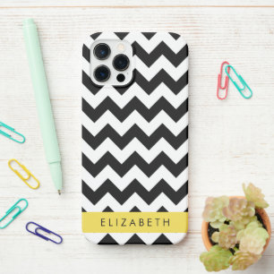 Funda Para iPhone 12 Pro Zigzag negro y blanco, patrón de cheurón, nombre
