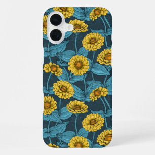 Funda Para iPhone 16 Plus Zinnias amarillas en azul oscuro