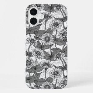 Funda Para iPhone 16 Plus Zinnias, monocromo en blanco