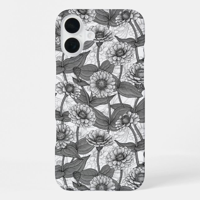 Funda Para iPhone Zinnias, monocromo en blanco (Reverso )