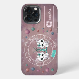 Funda Para iPhone 13 Pro Max Zodiaco Géminis Rueda de Gato Lindo Planeta Astrol