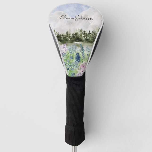 Funda Para Palo De Golf Acuarela Azul Púrpura Flor pradera en montaña (Anverso)
