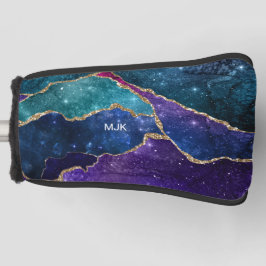 Funda Para Palo De Golf Aguamarina Púrpura Azul Venas de Oro Ágata Monogra