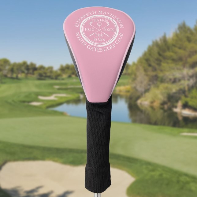 Funda Para Palo De Golf Agujero personalizado en un rosa femenino (Personalized Hole in One Feminine Pink Golf Head Cover)