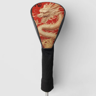 Funda Para Palo De Golf Año Rojo y Oro del emblema del poder del dragón