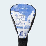 Funda Para Palo De Golf Arte acuático personalizado de Santorini<br><div class="desc">Paisaje de color azul y blanco sobre el pueblo de Oia,  en la isla griega de Santorini. Arte original de Nic Squirrell. Cambie el nombre a personalizar,  o deje en blanco si lo prefiere.</div>