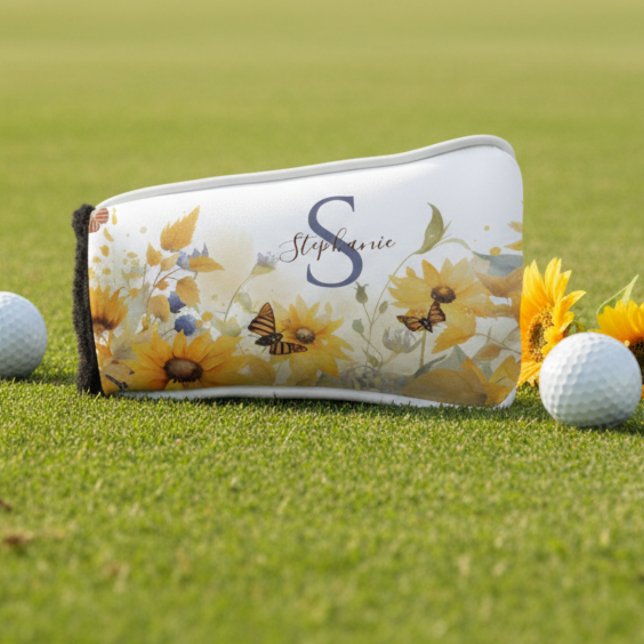 Funda Para Palo De Golf Autumn Sunflower Monogram (Monogram sunflower golf club cover)