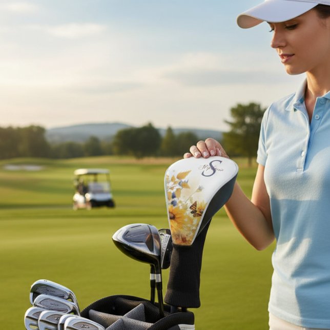 Funda Para Palo De Golf Autumn Sunflower Monogram (Autumn sunflower butterfly golf club cover)