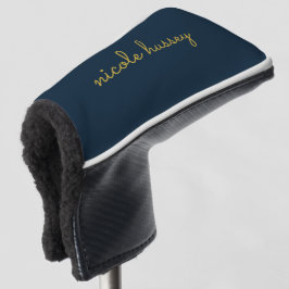 Funda Para Palo De Golf Azul Marino Script Dorado  | Monograma Moderno Ele