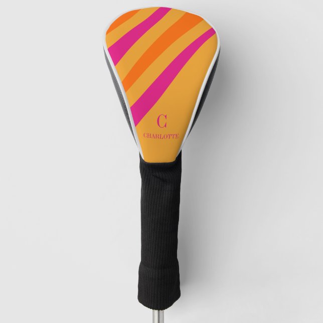 Funda Para Palo De Golf Bandas retro negrita Monograma Naranja rosa (Anverso)