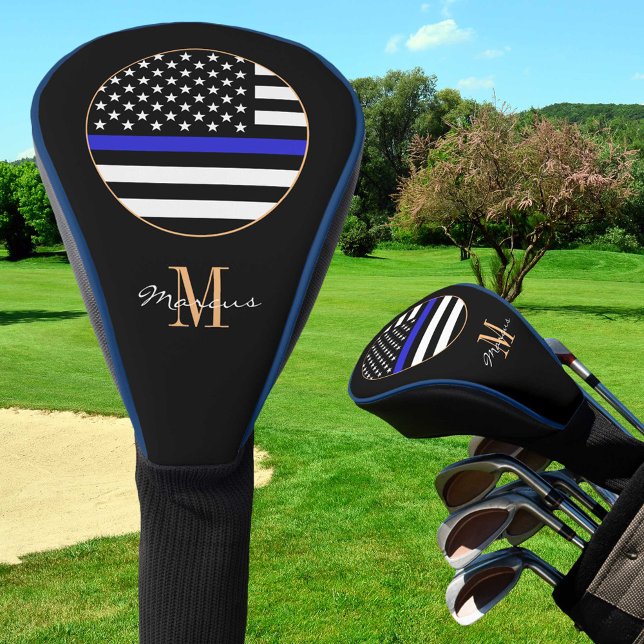 Funda Para Palo De Golf Bandera delgada de la Línea Azul Monogramada & Gol (Subido por el creador)