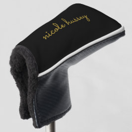 Funda Para Palo De Golf Black and Gold Script  | Stylish Monogram Modern