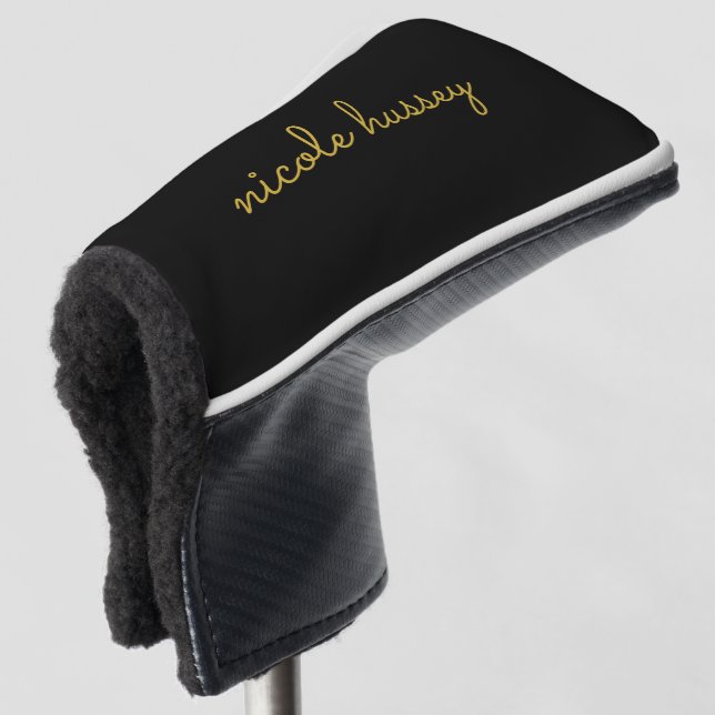 Funda Para Palo De Golf Black and Gold Script  | Stylish Monogram Modern (Anverso 3/4)